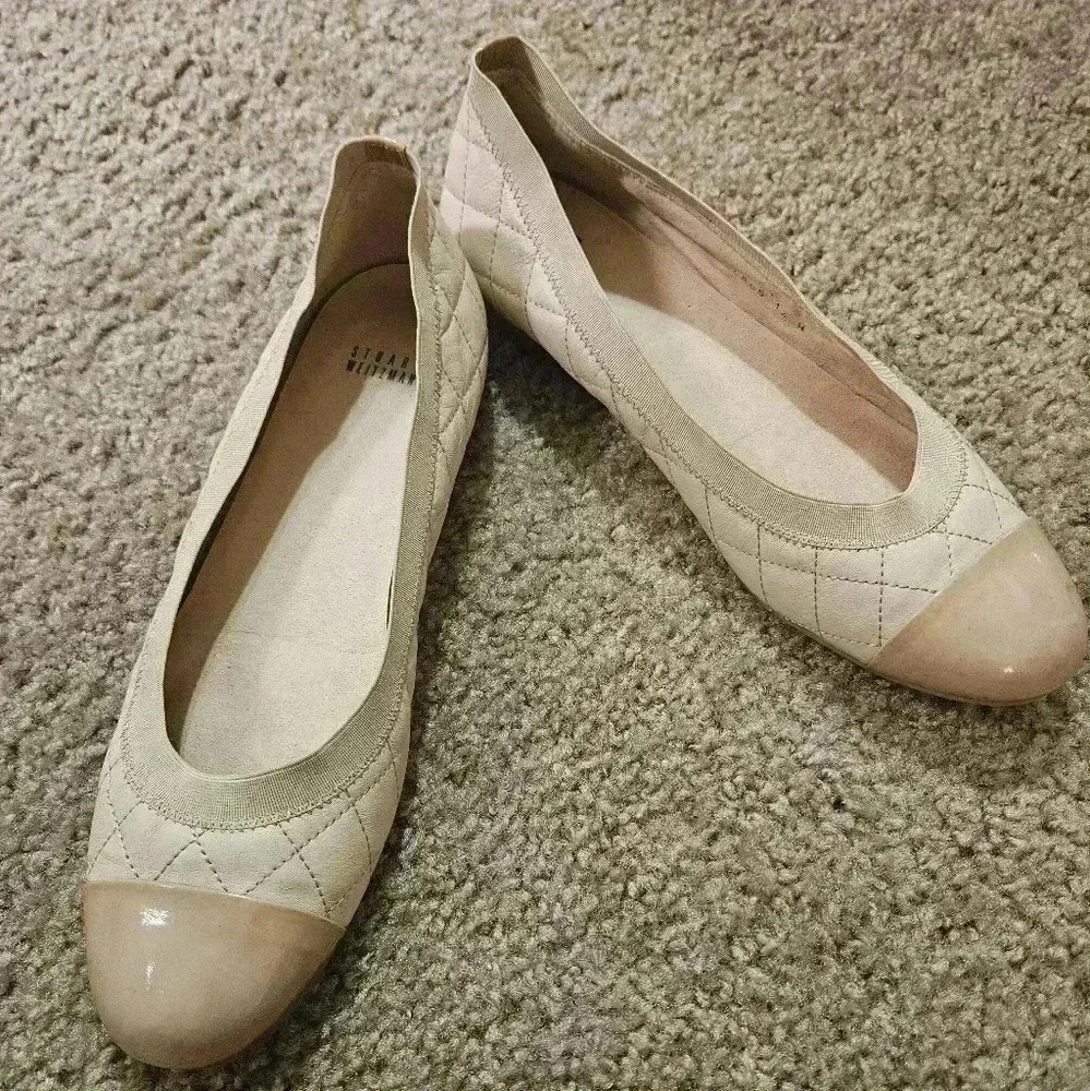 Stuart Weitzman Quilted Cream & Nude Cap-Toe Ballet Flats